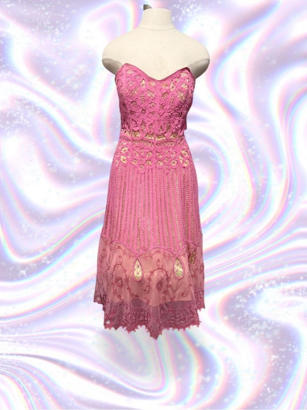 Betsey Johnson Pink Strapless Lace Midi Dress